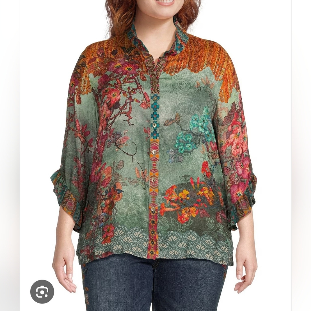 John Mark Woven Floral Multiple Print Wire Neck 3/4 Ruffle Sleeve Shirt